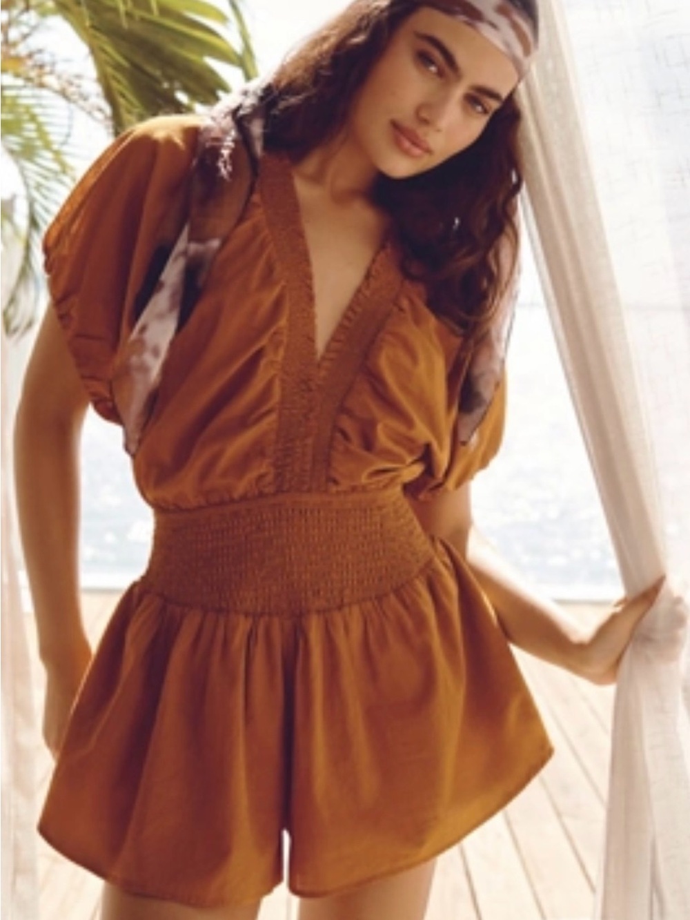 Anthropologie Burnt Orange deep V Romper